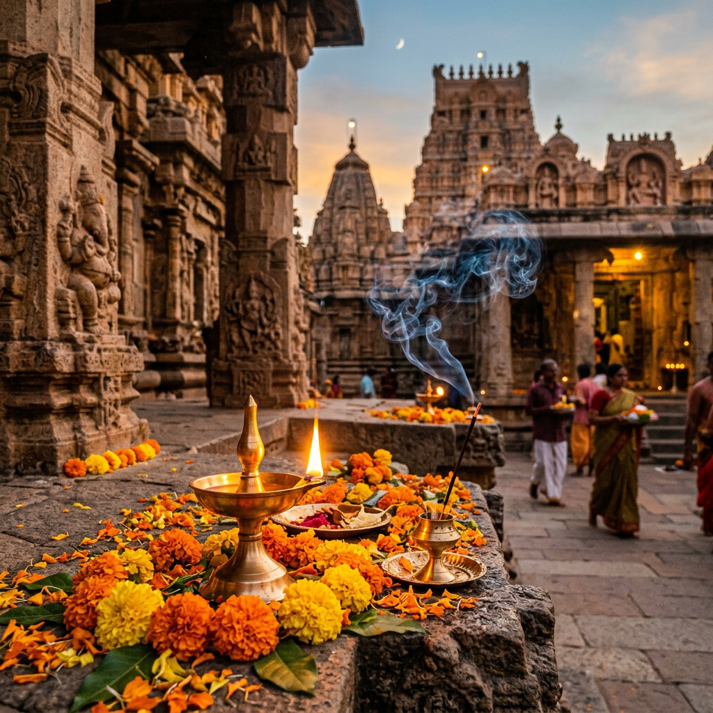 Oil lamp, incense smoke, and marigold flowers arranged on stone ledge at ancient temple with people in background